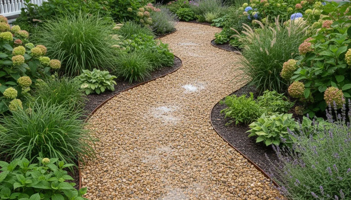 Pea gravel garden pathway with defined edges in Staten Island, NY by Chop Chop Landscaping