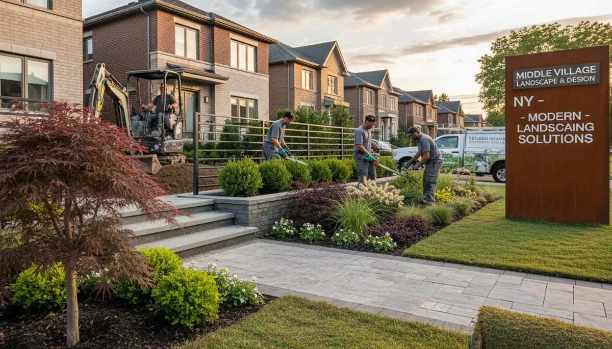 Landscaping crew providing lawn care and yard maintenance in Staten Island, NY